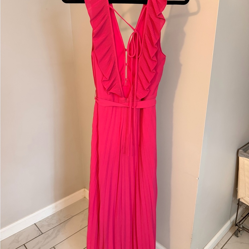 Lulu's Hot Pink Ruffle V‑Neck Maxi Dress